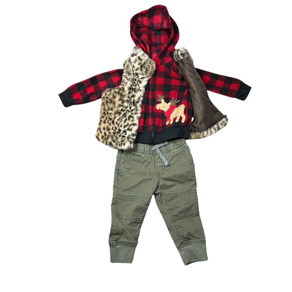 Lot of 3 Baby 12 Months Winter Outfit Faux Fur Vest Plaid Hoodie Jogger Pants